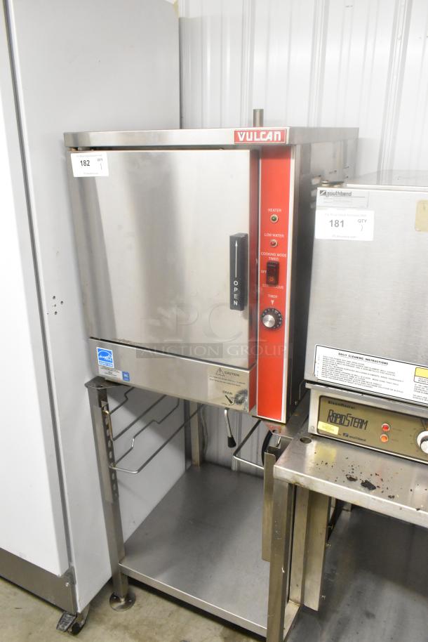 Vulcan VPX5 stainless steel steam cabinet on stand, 208V, 3-phase. Features control panel, visible branding, and instructions.
