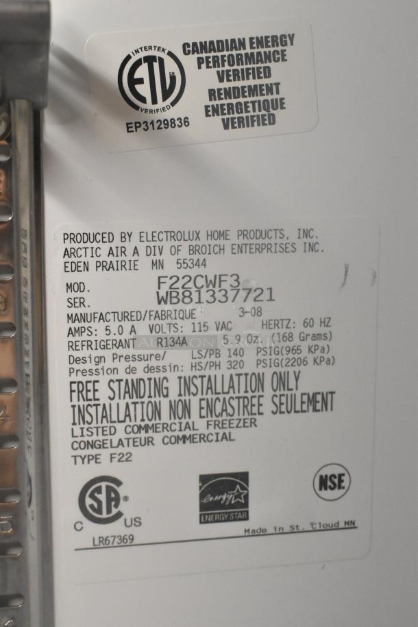 Arctic Air F22CWF3 Single Door Reach In Freezer with commercial casters. ETL verified, 115V, 1 Phase. Serial WB81337721.