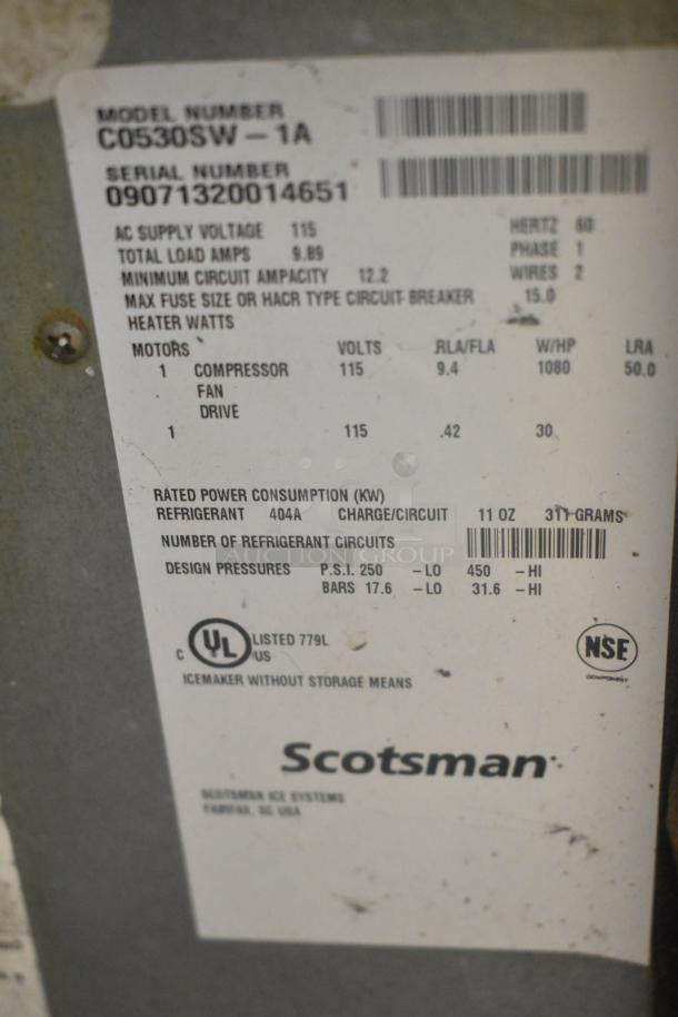 Scotsman C0530SW-1A Stainless Steel Ice Head, 115V, 1 Phase, showing model and serial number label with technical specifications.