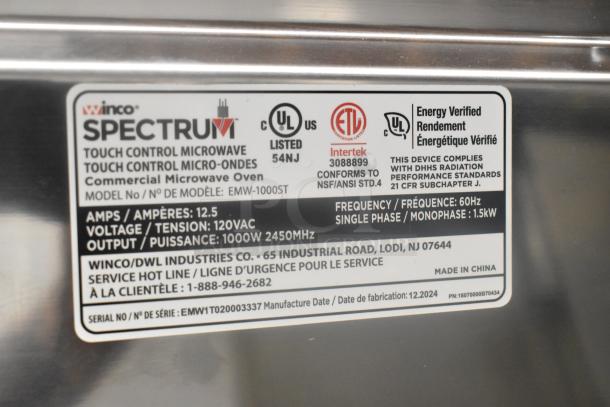 Winco EMW-1000ST stainless steel commercial microwave oven label, 120V, 1 phase, 1000W output, UL and ETL listed.