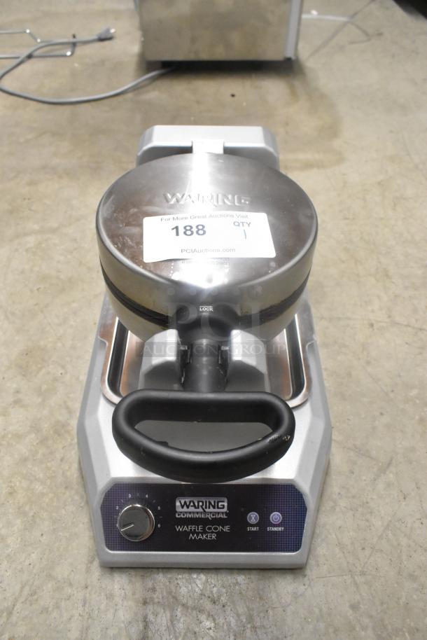 Waring WWCM180 Metal Countertop Waffle Cone Maker, 120V, 1 Phase, labeled with auction info.