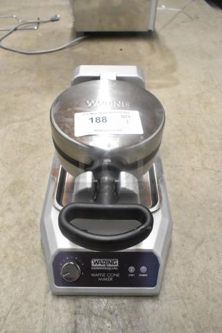 Waring WWCM180 Metal Countertop Waffle Cone Maker, 120V, 1 Phase, labeled with auction info.