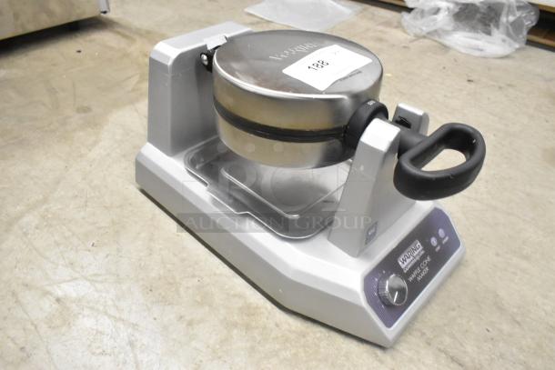 Waring WWCM180 metal countertop waffle cone maker, 120 volts, 1 phase, sleek design with control dial, gently used condition.