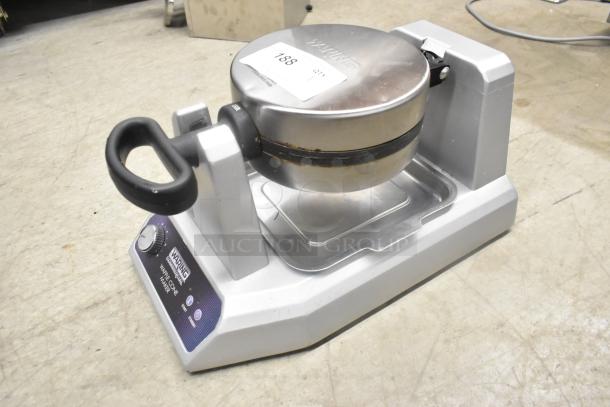 Waring WWCM180 metal countertop waffle cone maker, 120 volts, used condition, visible model label and control knob.