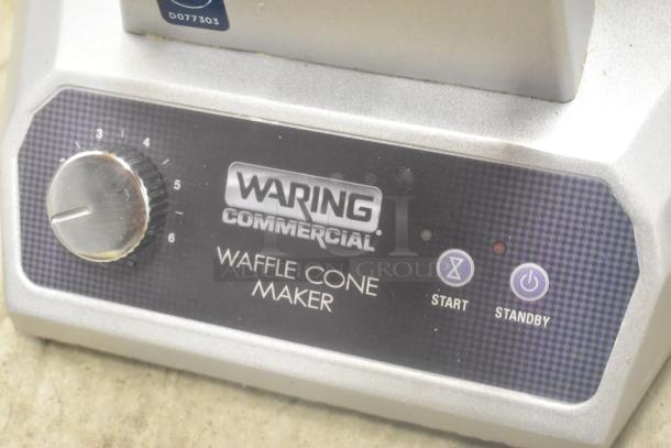 Waring WWCM180 Metal Waffle Cone Maker, 120 Volts, 1 Phase, control dial, start and standby buttons visible.