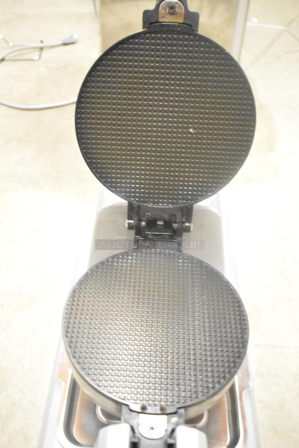 Waring WWCM180 Metal Countertop Waffle Cone Maker, open, showing grid plates. 120 Volts, 1 Phase. Excellent condition.