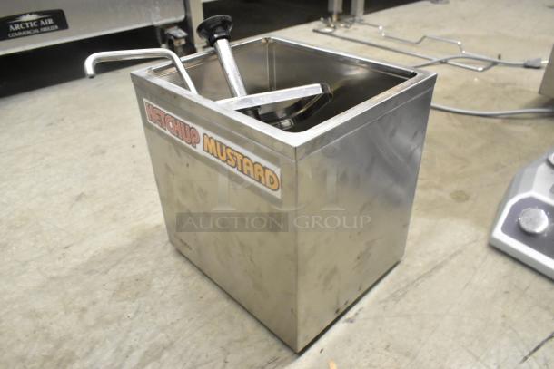 Winco PKTS-2D stainless steel condiment rail with 1 pump. Features "Ketchup Mustard" label. Good condition.