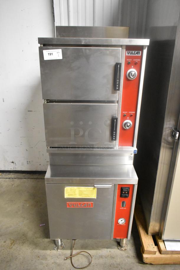 Vulcan VHX24G-AAP commercial steam cabinet, stainless steel, 2 decks, natural gas, 270,000 BTU, visible control panel.