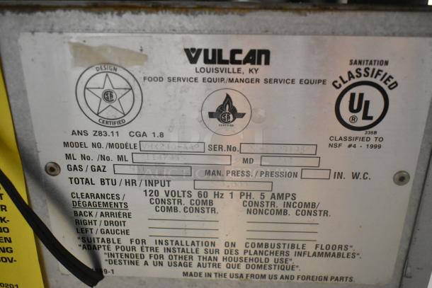 Vulcan VHX24G-AAP stainless steel steam cabinet label, 270,000 BTU, natural gas, UL and NSF certified, serial no. visible.