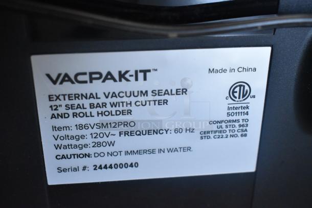 VacPak-It 186VSM12PRO Vacuum Sealer label shows specs: 120V, 280W, 12" seal bar, cutter, roll holder, ETL certified, serial #244400040.