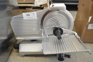 BRAND NEW SCRATCH AND DENT! Globe Chefmate Stainless Steel Commercial Meat Slicer w/ Blade Sharpener. 115 Volts, 1 Phase. - Item #1195934