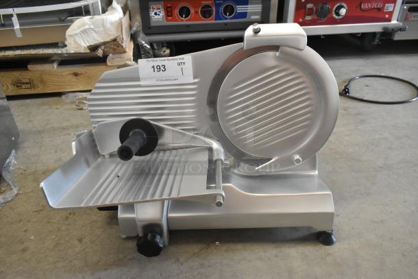 Brand new Globe Chefmate stainless steel commercial meat slicer with blade sharpener. 115V, 1 phase. Scratch and dent.