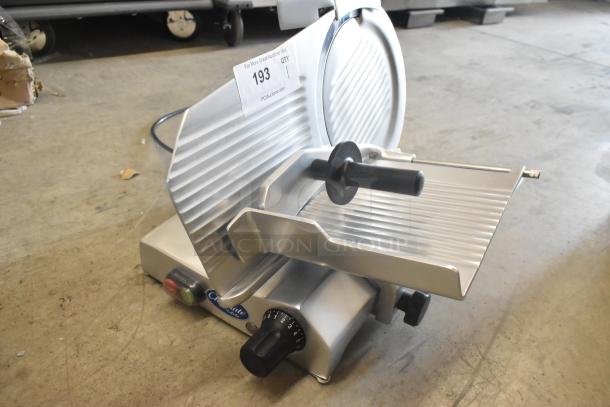 BRAND NEW Globe Chefmate commercial stainless steel meat slicer with blade sharpener, scratch and dent condition, 115V, 1 Phase.