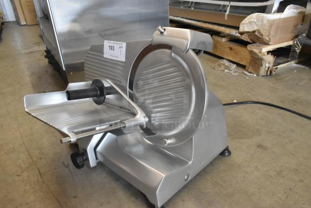 Brand new Globe Chefmate stainless steel meat slicer, scratch and dent condition, with blade sharpener, 115 volts, 1 phase.