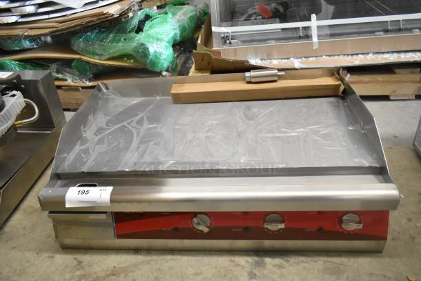 Brand new Avantco 177EG30N stainless steel electric griddle, 208/240V, 1 phase, scratch and dent condition, tags visible.