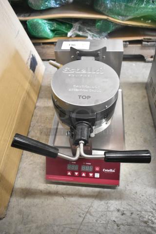 BRAND NEW 2024 Estella 348WSMXS2A Stainless Steel Waffle Maker, 120V, features controls, minor scratches visible.