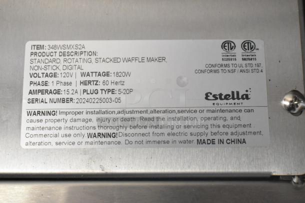 "2024 Estella 348WSMXS2A Stainless Steel Waffle Maker. Features 120V, 1 Phase, 60Hz, 1820W. Scratch and dent condition."