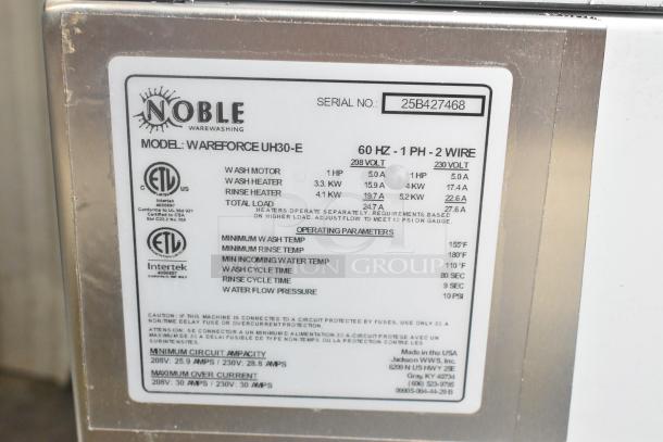Brand new Noble WAREFORCE UH30-E dishwasher label showing model details, voltage specs, and operating parameters. Scratch and dent noted.