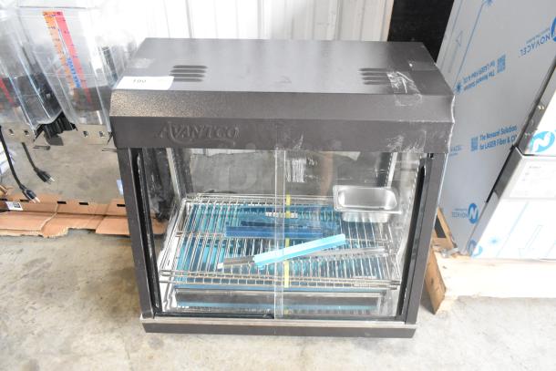 Avantco 177HDC26 26" heated display case, black, 3 shelves, sliding doors, new scratch and dent, 120V, 1 phase.
