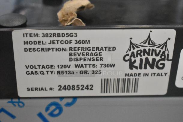 Carnival King JETCOF 360M label, Model: 382RBD5G3, 120V, 730W, Refrigerated Beverage Dispenser, Made in Italy.