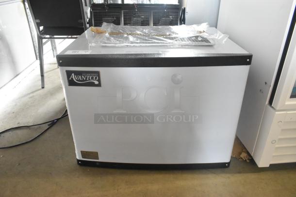 Brand new Avantco 194MCF430A ice machine with minor scratches, holds 397 lbs, 115V, 1 Phase. Labels indicate model and brand.