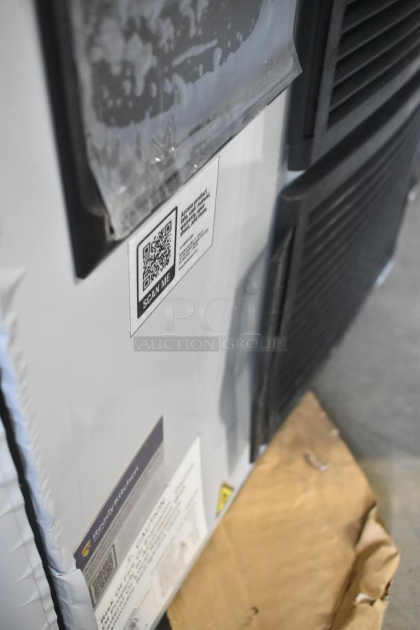 Brand new Avantco 194MCF430A ice machine with surface scratches, barcode label visible, 397 lb. capacity, 115 volts, 1 phase.