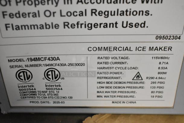 Brand new Avantco 194MCF430A ice machine label shows model, voltage 115V, current 8.71A, power 800W, R290 refrigerant.