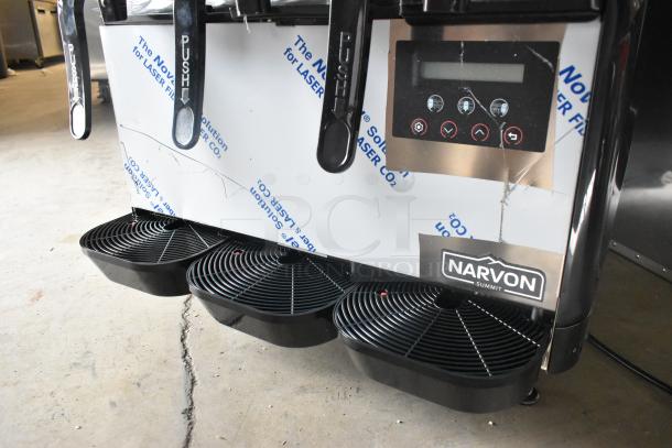 BRAND NEW Narvon NSSM3 Slushie Machine with scratch and dent, three hoppers, stainless steel, 115V, 1 Phase, black drip trays.