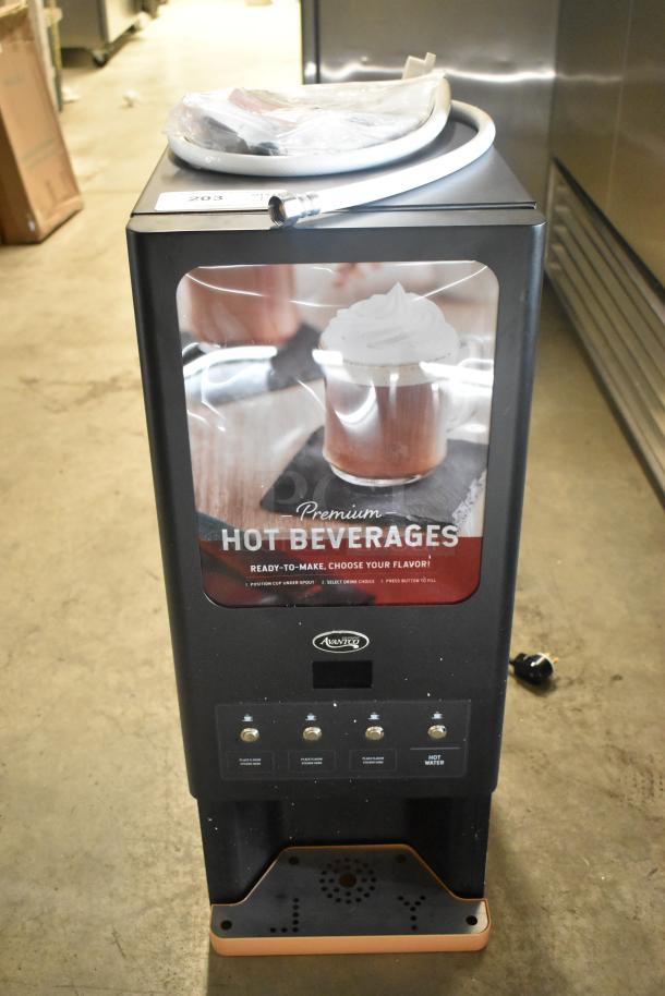 Brand new Avantco 177PBD3 powdered cappuccino/hot chocolate machine with three 3.7 lb hoppers, 120 volts, 1 phase, minor dents visible.