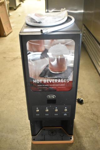Brand new Avantco 177PBD3 powdered cappuccino/hot chocolate machine with three 3.7 lb hoppers, 120 volts, 1 phase, minor dents visible.