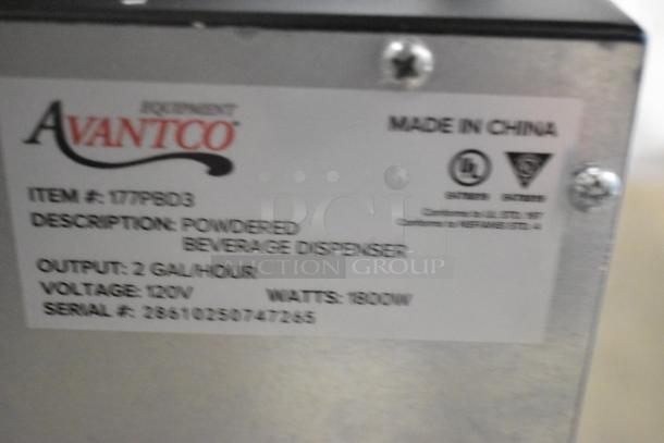 Avantco 177PBD3 Powdered Beverage Dispenser label, 120V, 1800W, with serial and compliance information visible.