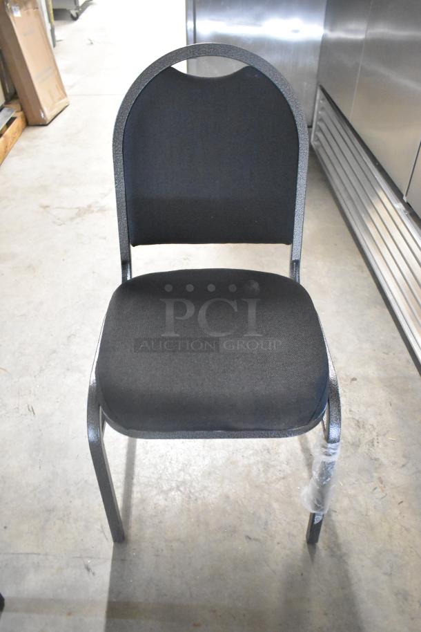 Black metal stackable banquet chair, new with scratch and dent. Upholstered seat and back, protective wrapping on legs.