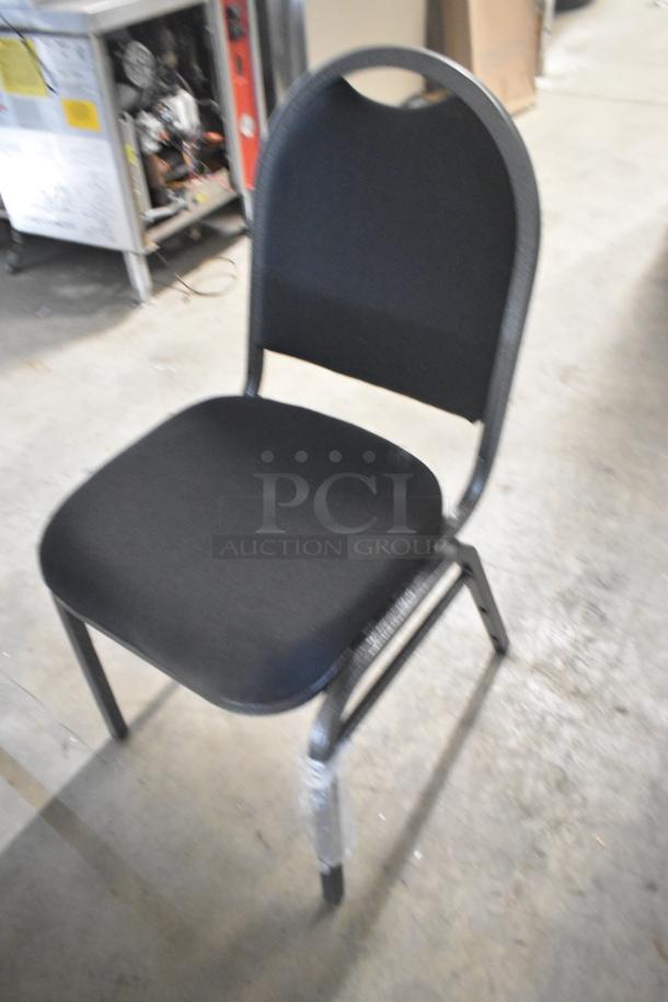 New black metal stackable banquet chair with minor scratches. Padded seat and backrest. Sold as scratch and dent.