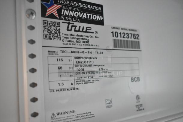 Label of the 2021 True TSCI-600R-G-PH cooler showing model, specs, 115V, 1 Phase, and refrigerant details.