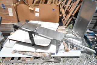 Assorted items including tabletop, stainless steel shelves, 460EGPC64 Regency 64" NSF green epoxy mobile shelving post.