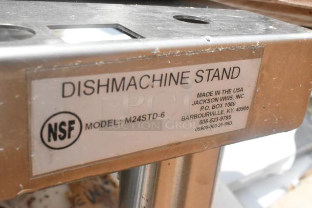 Label on stainless steel dishmachine stand showing NSF certification, Model M24STD-6, made by Jackson WWS, USA.