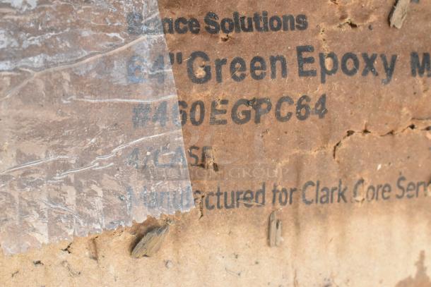 Close-up of a cardboard box showing "64-inch Green Epoxy," model #460EGPC64, and NSF certification, indicating shelving components.