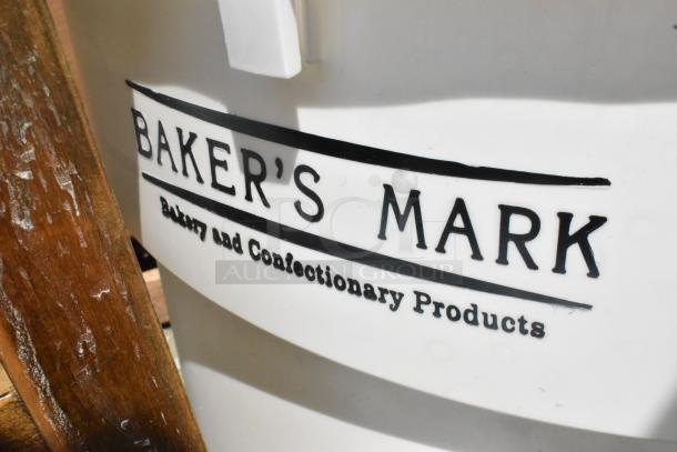 Bakers Mark white poly ingredient bin, model 176IBRND32W, scratch and dent condition, logo visible.