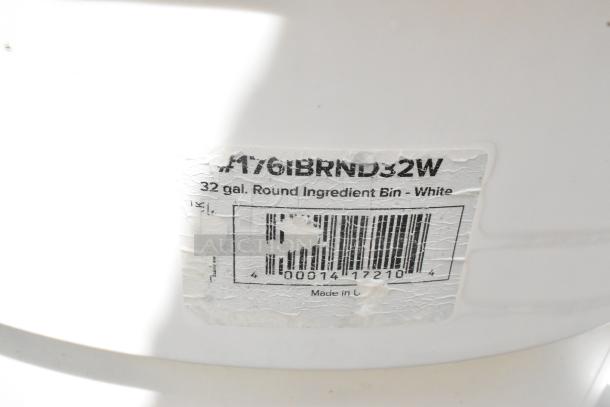 2 Bakers Mark 176IBRND32W white poly ingredient bins, 32 gal, scratch and dent, label shows model and barcode.