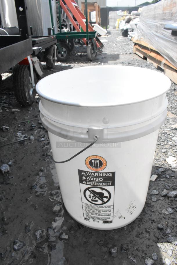 8 new RG5700 white poly 5-gallon buckets, food-grade, scratch and dent, with warning labels.