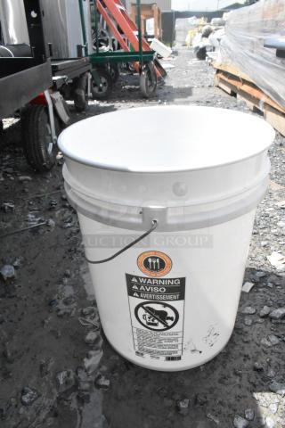 8 new RG5700 white poly 5-gallon buckets, food-grade, scratch and dent, with warning labels.