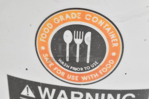 Food grade label on white poly 5-gallon bucket, indicating "Safe for Use with Food" and "Wash Prior to Use."