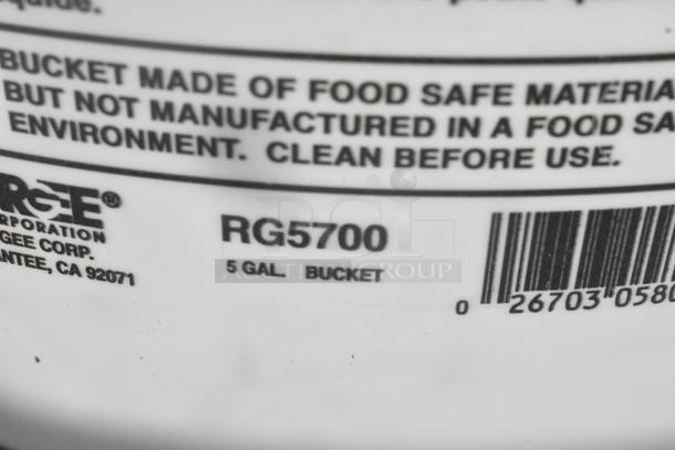 8 RG5700 white poly 5-gallon buckets, brand new with minor scratches and dents. Food safe material.