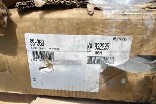 Label on cardboard box reading "SS-368, Table Flat-Top 36x96," with barcode and item number K# 932235, showing signs of wear.