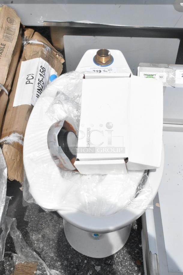 Brand new scratch and dent toilet bowl without tank, white, wrapped in protective material, visible mounting hardware.
