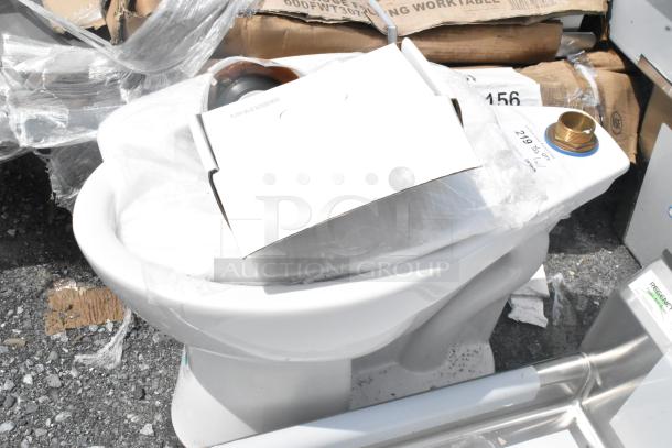 Brand new scratch and dent toilet bowl, no tank, visible packaging and some marks, includes flush valve accessories.