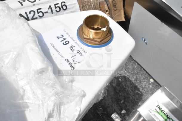 Brand new toilet without tank, scratch and dent. Brass valve visible. Auction tag with "219 1/2 QTY" and auction site info.