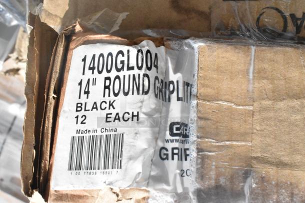 Cardboard box with "1400GL004 14'' Round Griplite Black" label, indicates 12 pieces. Made in China, item appears brand new.