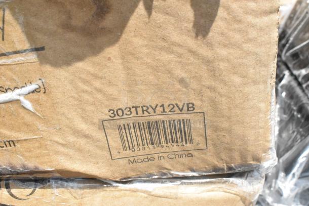 Cardboard box with barcode labeled "303TRY12VB," marked "Made in China." Contains scratch and dent trays, organizer, platters, schooner.