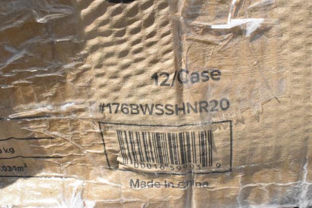 Brown box labeled "12/Case", with barcode and "#176BWSSHNR20". Contains trays, organizer, platters, schooner. Made in China.